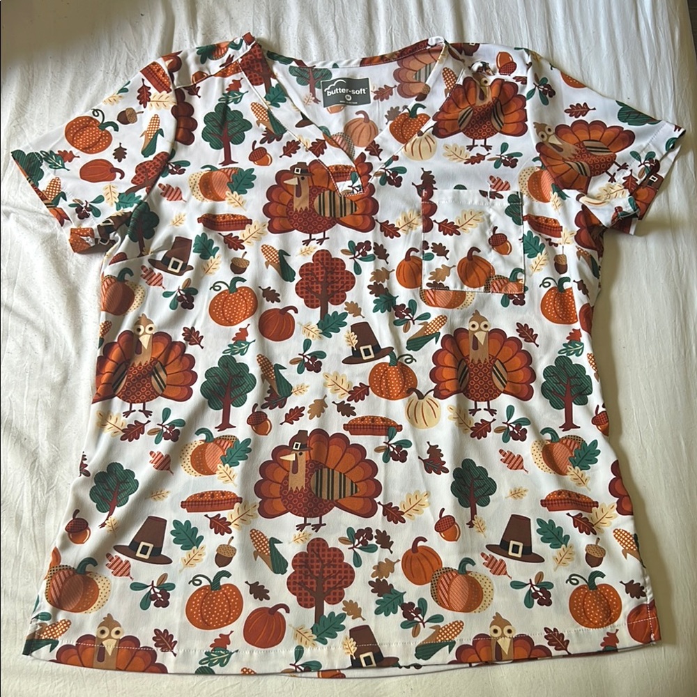 Autumn Harvest White and Orange Scrub Top